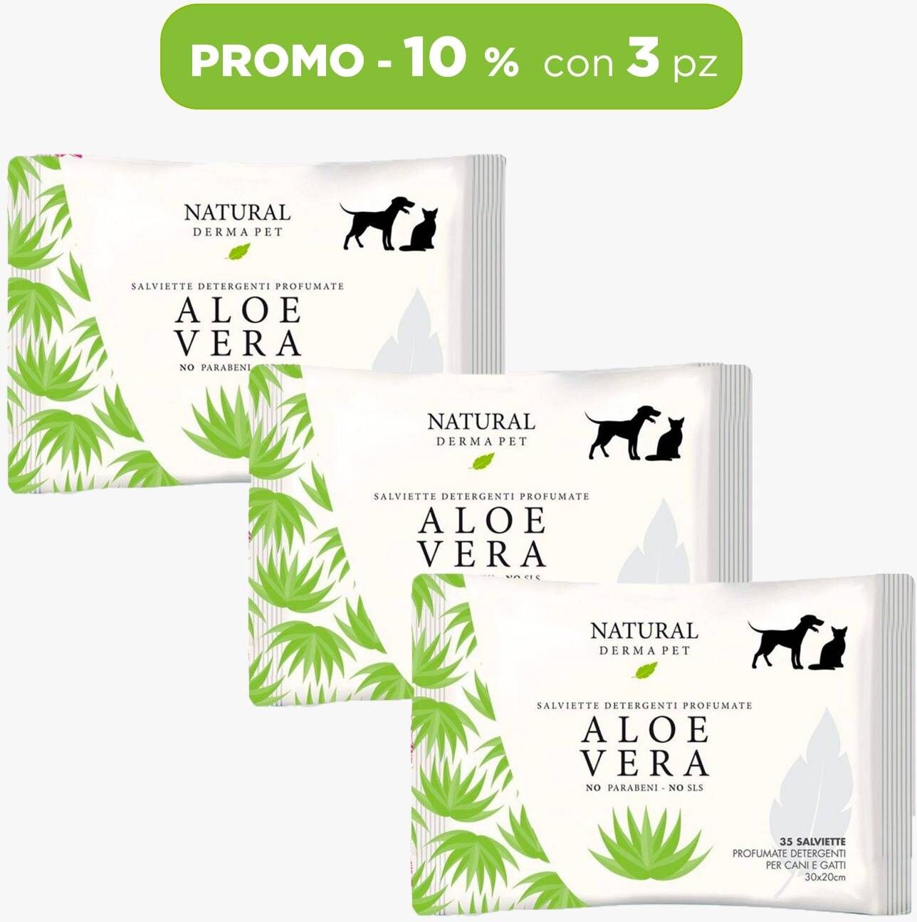 Derbe Natural Derma Pet by Salviette Aloe Vera per Cani Gatti e Cuccioli 3 Pz 100% Biodegradabili