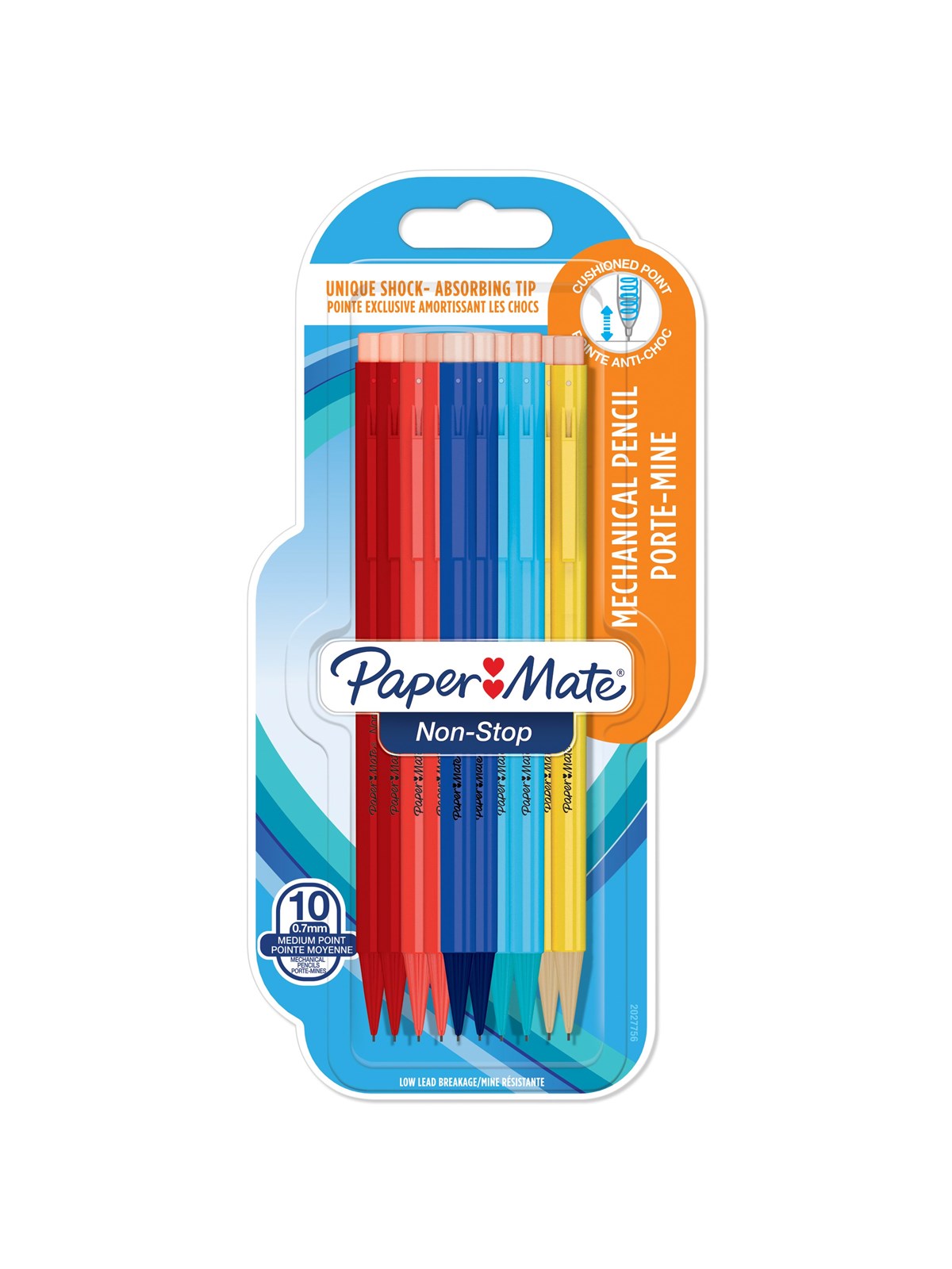 Paper Mate Non Stop-Druckbleistift | 0,7 mm mit stoßabsorbierender Spitze | HB 2 | Schaft in sortierten Farben | 10 Stück
