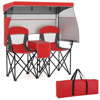 Costway Double Beach Chair with Adjustable Canopy and 3 -Side Shading Curtains-Red