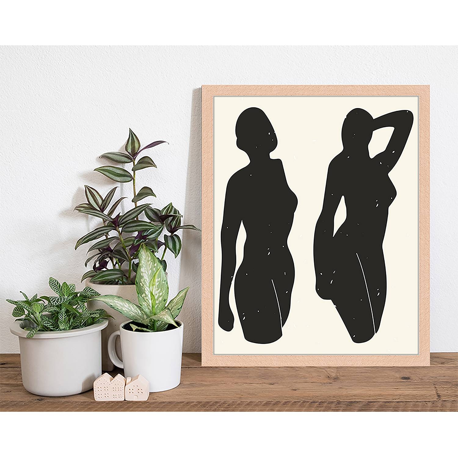 home24 Abstract Black Bodies Wanddecoratie met Beukenhouten Frame, Beige en Zwart, 33 x 43 cm