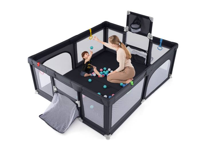 Parc de jeu pliable pour bébé 188 x 157 cm avec matelas, panier de basket, filets de football, 50 balles de jeu, grille d'exploration