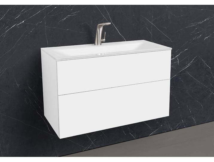 Zafiro - Badmöbelset 90 cm mit Glaswaschbecken Optiwhite und grifflosem Unterschrank