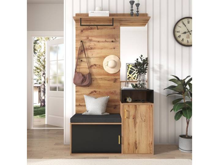 Ensemble de rangement armoire avec 4 patères un miroir un meuble à chaussures un porte-manteau mural une étagère banc d'entrée
