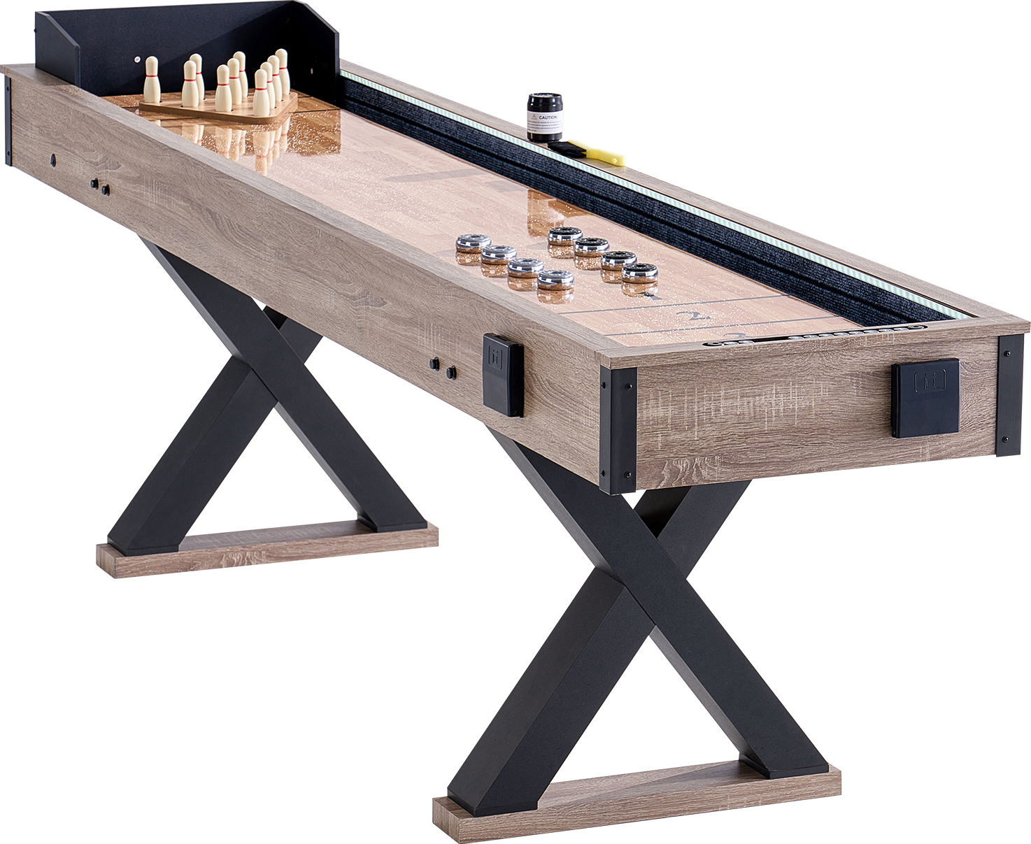 SucceBuy Shuffleboard-Tisch, 2,74 m LED-beleuchtet, Familienspielzimmer, 2-in-1-Kombination aus Shuffleboard und Bowling, kratzfest, Beine, 8 Pucks, Bowling-Set, Wachs, Bürste