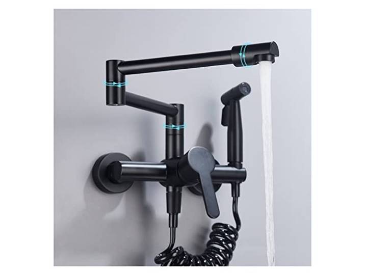 Küchenarmatur, Klappbarer Wasserhahn mit Messing-Topffüller und Seitensprüher, Küchenarmatur Schwenkarm Doppelfunktionsgelenk(Black faucet)
