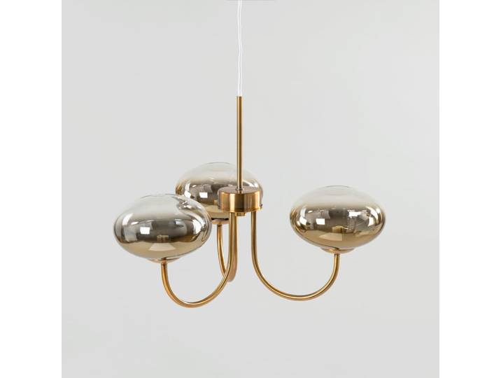 Suspension en acier doré avec 3 globes en verre fumé