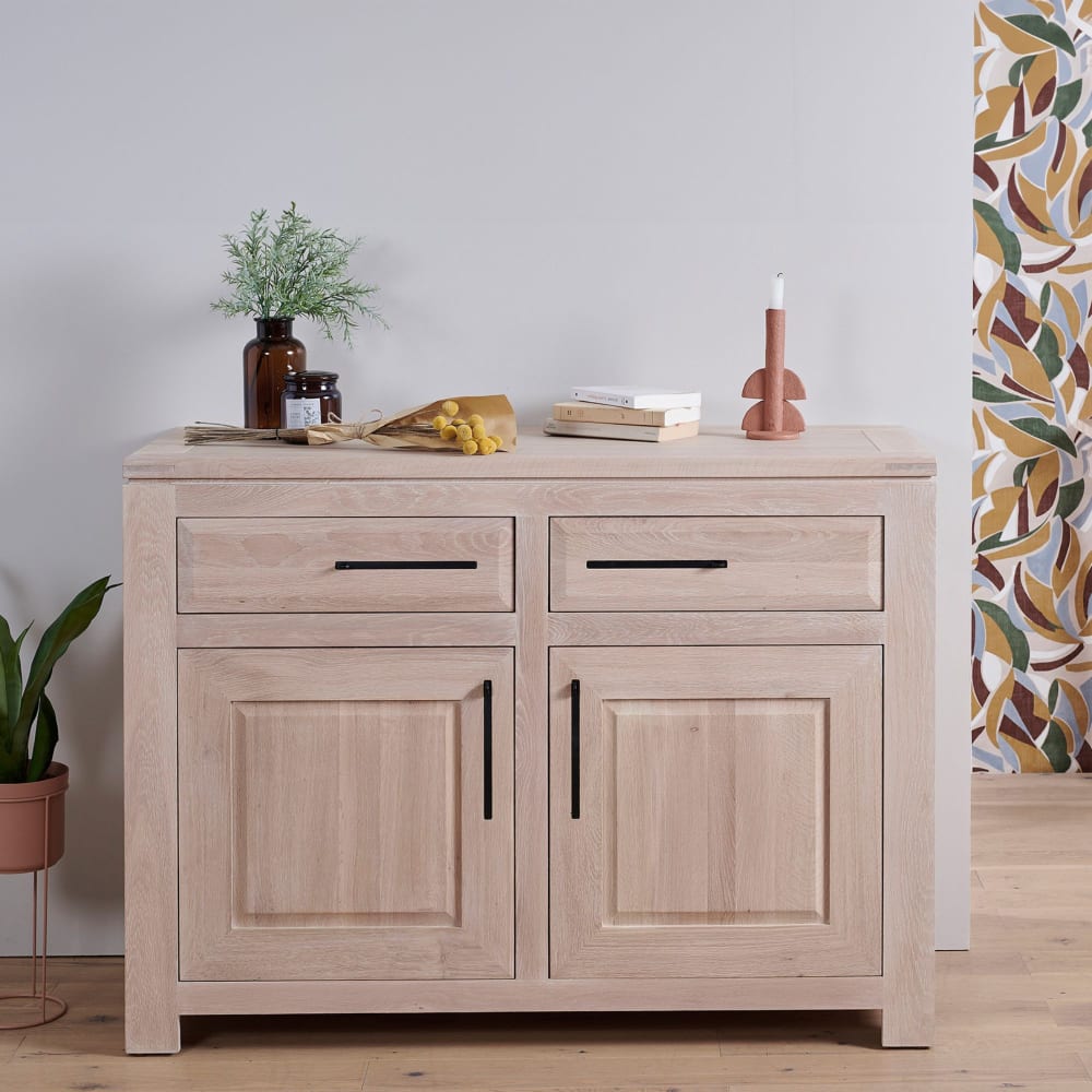 Hellin Buffet bas parisien moderne en chêne blanchi 2 portes 2 tiroirs Marron 125x92x50cm