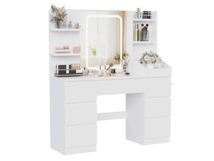 JUMMICO Großer Schminktisch mit beleuchtetem Spiegel, dimmbarer LED-Beleuchtung, 7 Schubladen & 4 offene Ablagen, modernes Design, Maße 110x40x139 cm Weiß