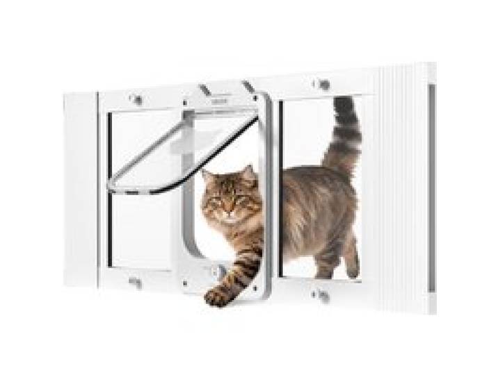 VEVOR Katzenklappe Katzentür Anpassbar an Fensterbreiten (787-914 mm), Wetterfeste Haustiertür mit 4 sicheren Verriegelungsmodi & Aluminiumrahmen & Hochtransparentem Glas & Magnetverschluss, Weiß