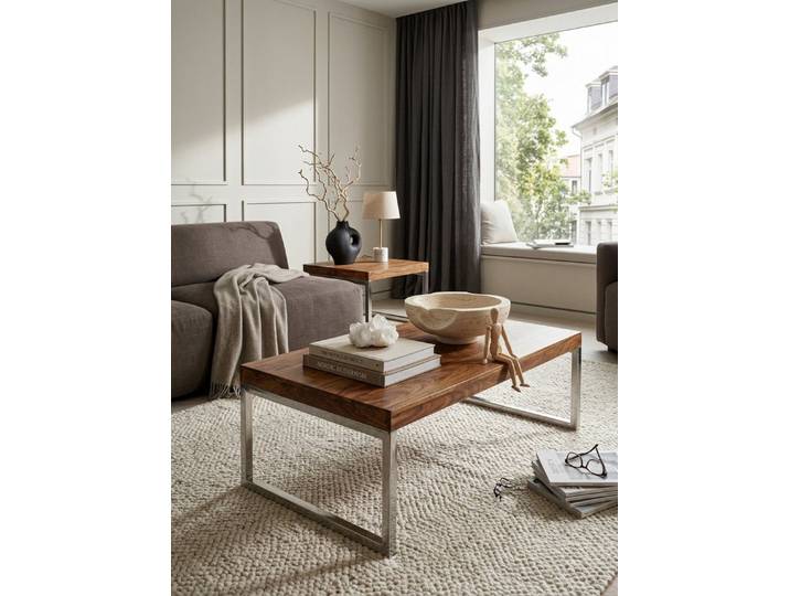 KADIMA DESIGN Couchtisch Couchtisch GUNA Massiv-Holz 120cm breit Wohnzimmer-Tisch, Design dunkel-braun Landhaus-Stil Beistelltisch