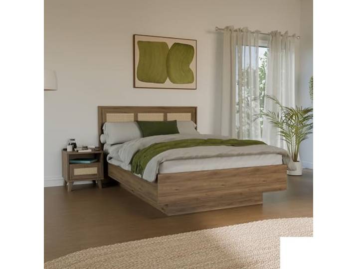 Forte GLENKEEN Bett, Liegefläche 140 x 200 cm, Bettgestell im Bohostil mit Rattangeflecht, Stauraum, Holzwerkstoff, Valencia Eiche Holzdekor Naturrattan, 149,9 cm breit x 105,5 cm hoch x 204,9 cm tief