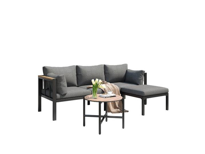 Flieks Gartenset Eck Mit Sofa Couchtisch Hocker Grau & Glastisch, Gartenmöbel, Gartengarnituren, Gartenmöbel-Sets
