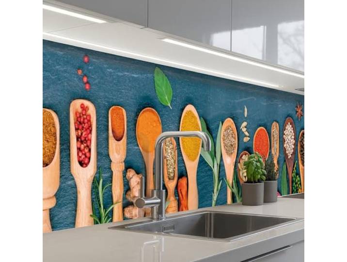 KitchenYeah© Rückwand Küche Rückwandschutz Selbstklebend Spritzschutz 60x300 cm - Küchenrückwand Küchenfront Küchen Selbstklebende Küchenrückwände Löffel - Holz - Kräuter - Gewürze