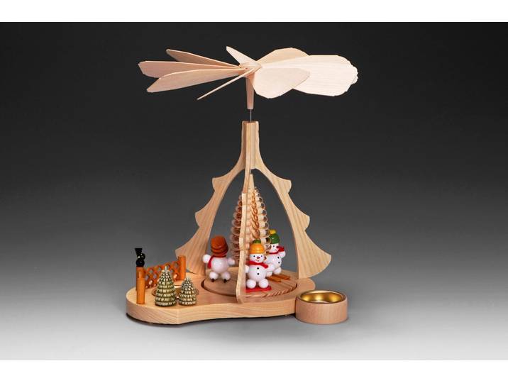Weihnachtspyramide ALBIN PREISSLER Tischpyramide - Schneemänner, Weihnachtsdeko , beige (natur, weiß), B:24cm H:26cm T:21cm, Massivholz, Weihnachtspyramiden, Weihnachtspyramide