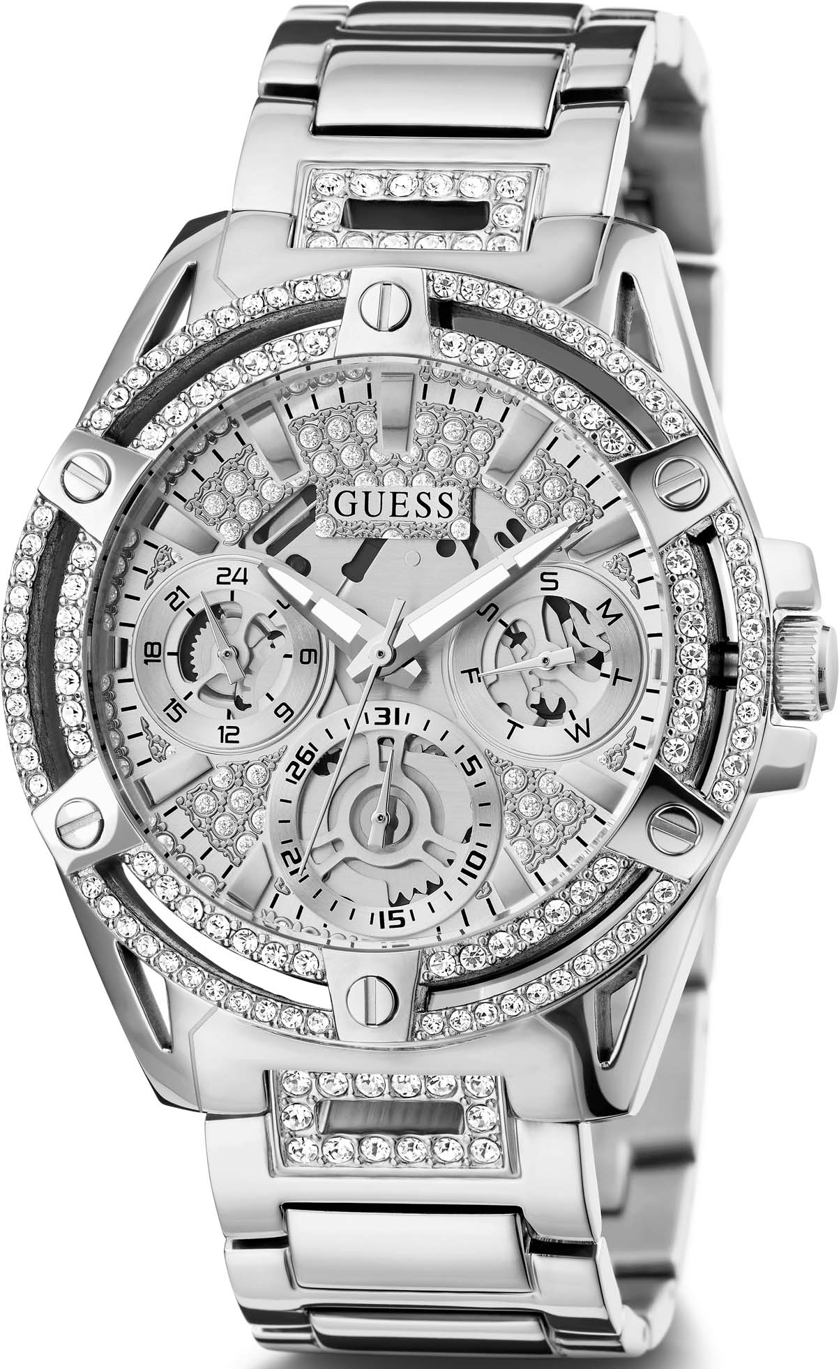 Multifunktionsuhr GUESS "QUEEN", silber (silberfarben, silberfarben), Armbanduhren, Damen, silberfarben, Multifunktionsuhr, Armbanduhr, Quarzuhr, Damenuhr