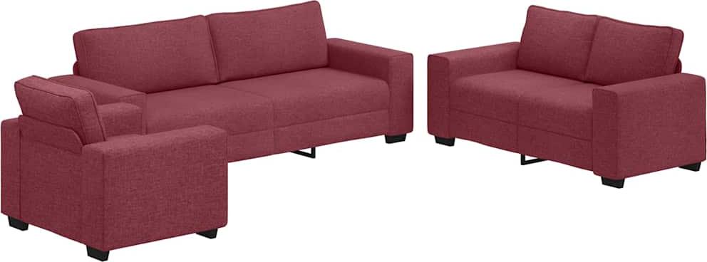 3-teiliges Sofa-Set mit Kissen, weinroter Stoff