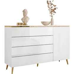 KOMMODE AURORA 4S1D Weiß / Weiß hochglanz mit schräge Goldchrom Fuße