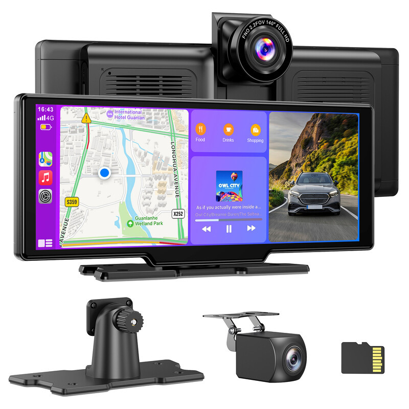 ESSGOO 10,26 inch draagbaar HD CarPlay-scherm met draadloze Android Auto, schermspiegeling, 4K-dashcam en AHD 1080P achteruitrijcamera inclusief 64 GB TF-kaart