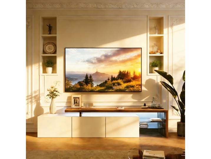 Armoire TV LED Blanche Bois Élégante 3 Portes Haute Brillante Etagères en Verre Meuble TV Moderne Design Buffet Salon