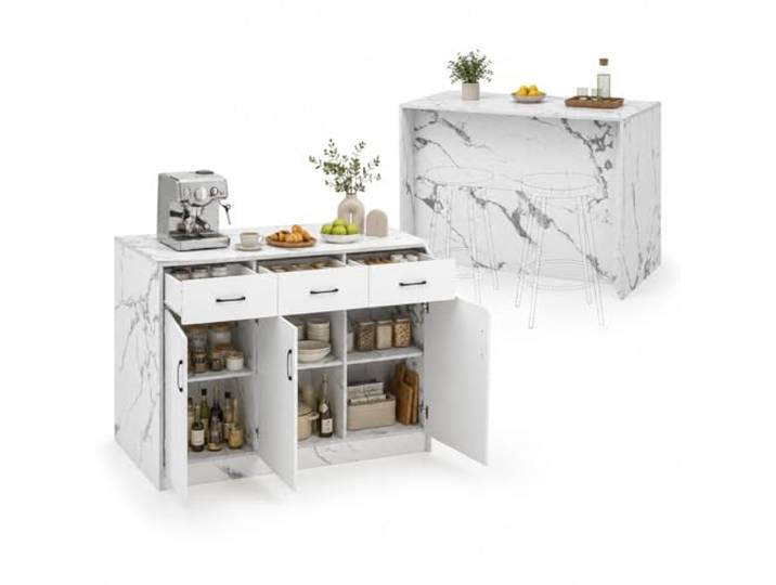 FurnitureR Kücheninsel 120 x 60 x 90,5 cm, unbeweglicher Küchenschrank in Weißer Marmoroptik aus MDF, mit 3 Schubladen, 3 Türen, 6 Fächern und verstellbaren Ablagen für Essbereich Küche