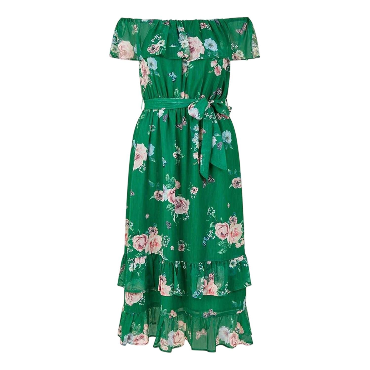 Yumi Midi-jurk met bloemenprint en blote schouders voor dames (Groen)