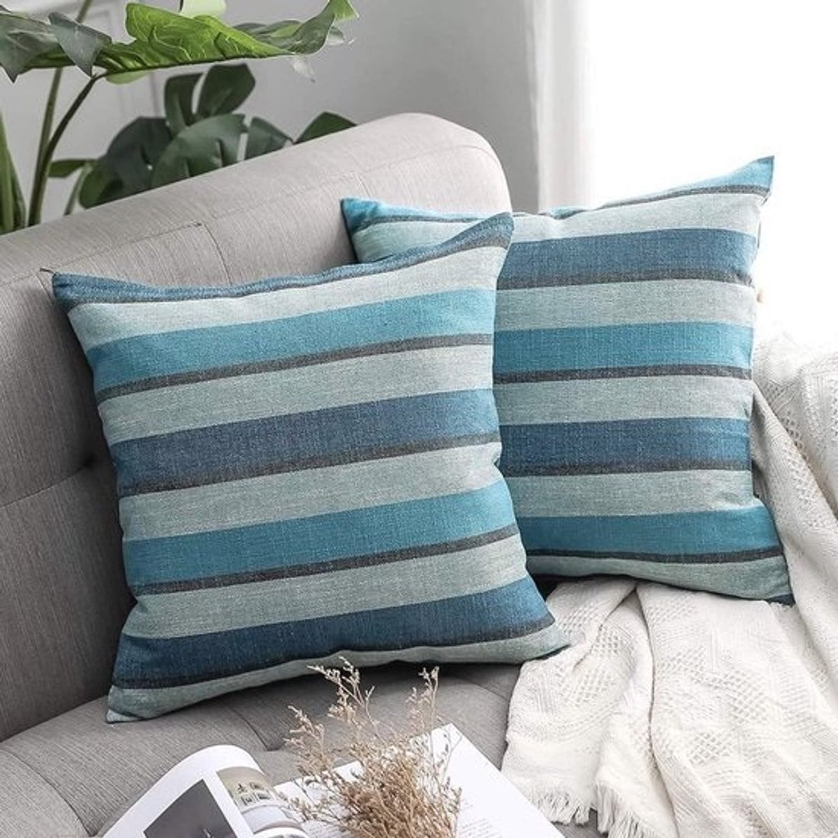 Set van 2 decoratieve kussenhoezen in blauwe linnenlook, 50 x 50 cm