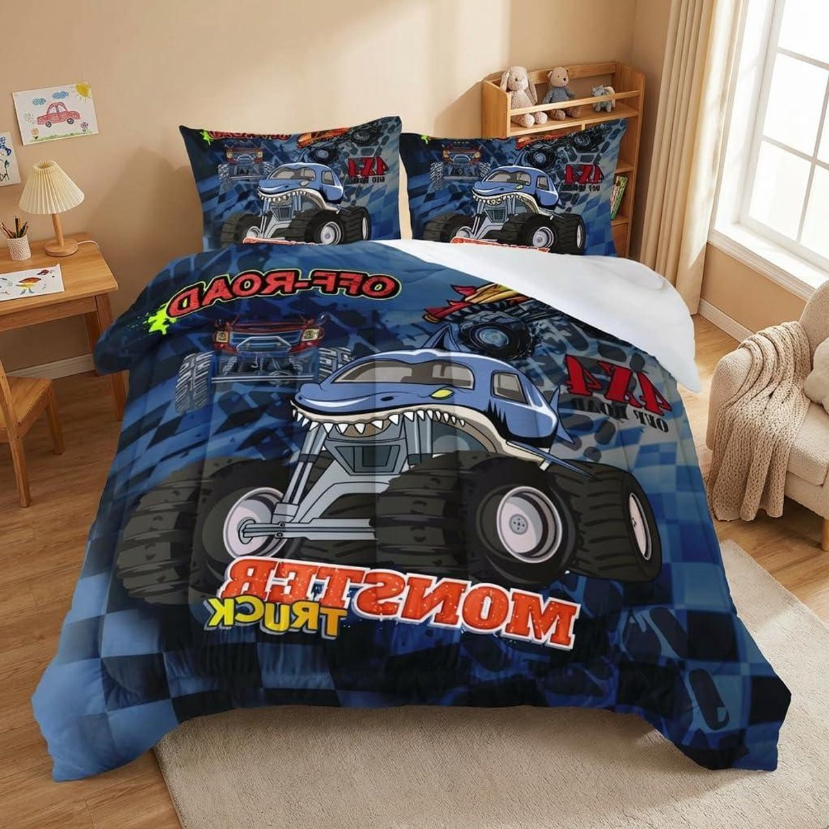 Blauwe Dekbedset voor Kinderen met 3D Monstertruck Print - Queen Size