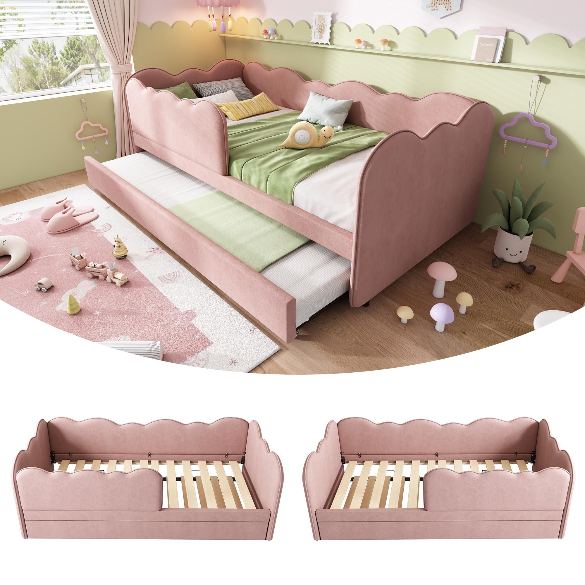 Polsterbett Daybett 90x190cm,Tagesbett Schlafsofa mit Ausziehbett 90x190cm, Kinderbett mit Lattenrost, Samt,Rosa, ohne Matratze