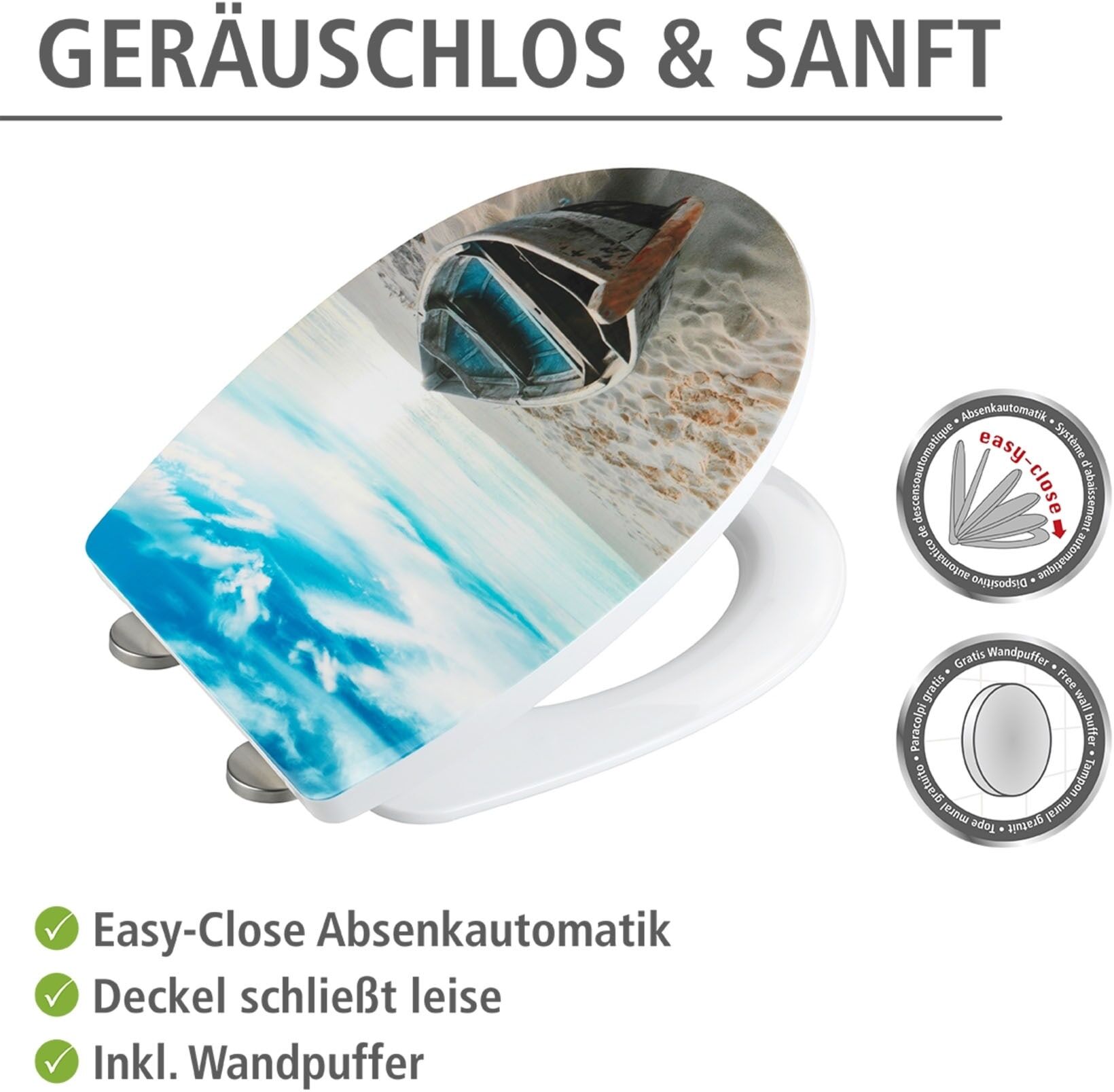 WC-Sitz WENKO "Boat High Gloss", bunt, B:36,5cm L:45cm, Edelstahl, Thermoplast, WC-Sitze, WC-Sitz, Thermoplast bunt Einheitsgröße