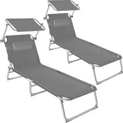 tectake Gartenliege Chloé - 2er Set klappbar, mit Sonnenschirm und Kopfstütze, verstellbar, grau