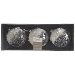 Christmas Decorations 3 Weihnachtskugeln 8cm Glas mit Perlen Schnee Christbaumkugeln transparent klar