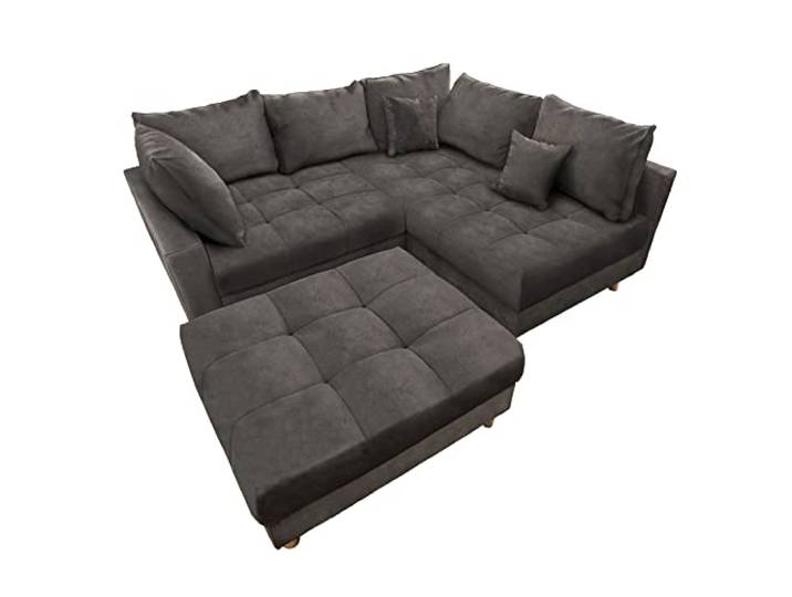 riess-ambiente.de Moderne Wohnlandschaft Kent 220cm grau Samt Ecksofa Federkern inkl. Hocker und Kissen, Ecksofa mit Schlaffunktion Sofa in L Form