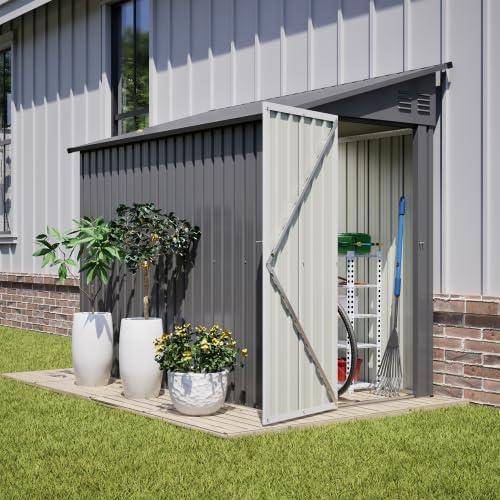 Metall Gartenschuppen 4x8 Fuß mit Anbau-Design & Schrägdach - wetterfester Geräteschuppen mit abschließbarer Tür & 2 Belüftungen - für Gartengeräte, Rasenmäher, Fahrräder - Grau