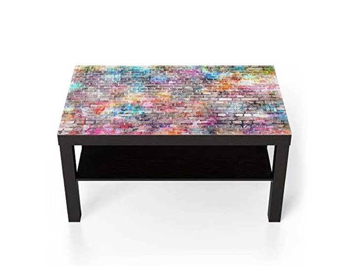 DEQORI Glastisch schwarz groß 90x50 cm Motiv Ziegelmauer mit Graffiti ausgefallener Beistelltisch aus Glas Hochglanz Couchtisch fürs Wohnzimmer moderner Couch Tisch mit Design