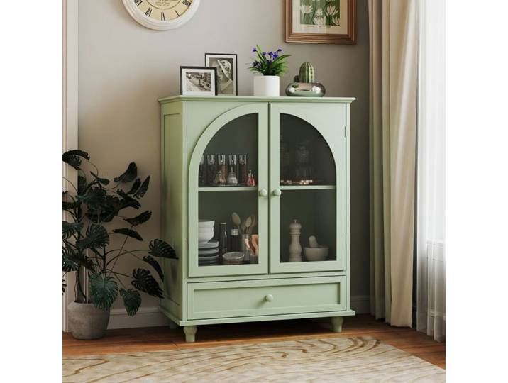 Buffet - SOGEU - Vert menthe - Portes vitrées cintrées - Tiroir et étagère réglable - Plateau à gradins