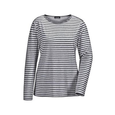 Longpullover GOLDNER "Kurzgröße Jerseyshirt im Streifen-Look", Damen, Gr. 24, blau (marine, cremeweiß, geringelt), Obermaterial: 92% Viskose CV. 8% Elasthan EL., U-Boot-Ausschnitt, Sonstiges, Pullover Longpullover, Ohne