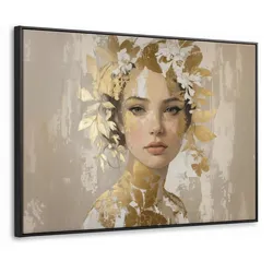 LEINWAND Bilder mit Rahmen - Gesicht - Frau - Blätter - Gold - 100x70