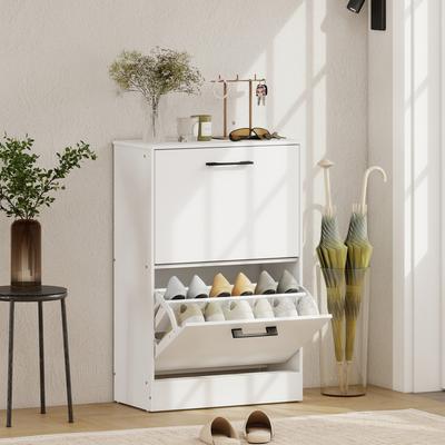 HOMCOM Shoe Cabinet with 2 Flip Drawers, Modern Narrow Shoe Storage Cabinet with Adjustable Dividers, Entryway Storage ,White
