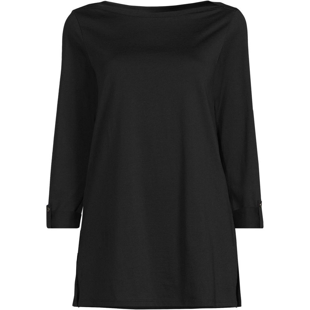 Langes Supima-Shirt mit U-Boot-Ausschnitt für Damen in Petite-Größe, Damen, size: petite, Schwarz, by Lands' End