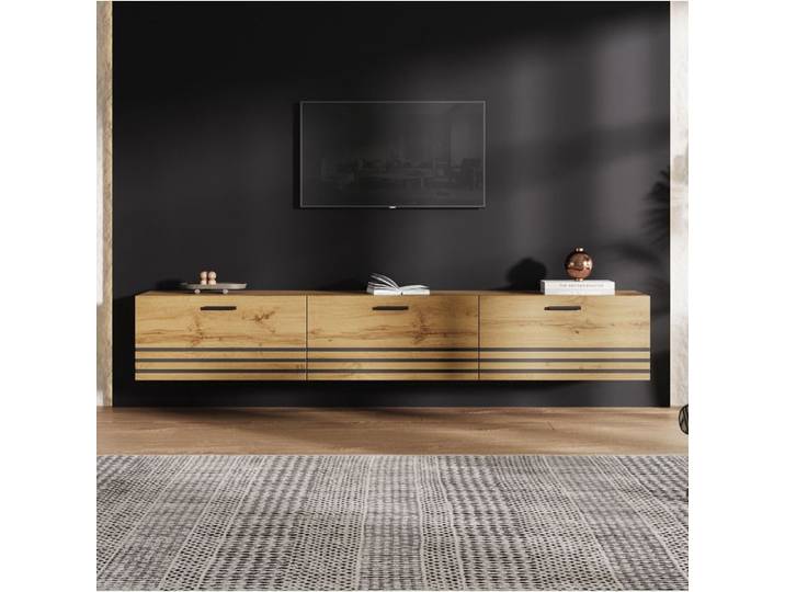 COVREO Meuble TV mural suspendu 160 cm 3 tiroirs décor bois naturel MDF et panneaux de particules