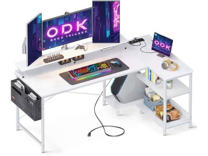 Bureau d'Angle - WEISS CANNON - Réversible - USB - Prise de Courant - Métal Blanc