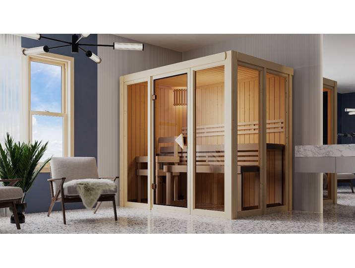 Sauna KARIBU Vivi 3 , beige (naturbelassen), Saunaofen, externe Steuerung, 3,6 kW, Saunen, Sauna
