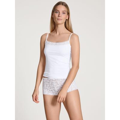 Spaghettitop CALIDA "Natural Comfort Lace", Damen, Gr. XXS (32/34), weiß, Single Jersey, Obermaterial: 92% Baumwolle, 8% Elasthan, unifarben, normal hüftbedeckend, hoch geschlossener Ausschnitt, Tops, weiche Spitze, elastisch, Single Jersey...