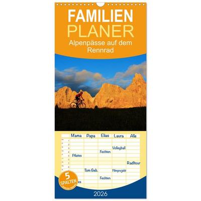 Familienplaner 2026 - Alpenpässe auf dem Rennrad 'Himmlische Serpentinen' mit 5 Spalten (Wandkalender, 21 x 45 cm) CALVENDO