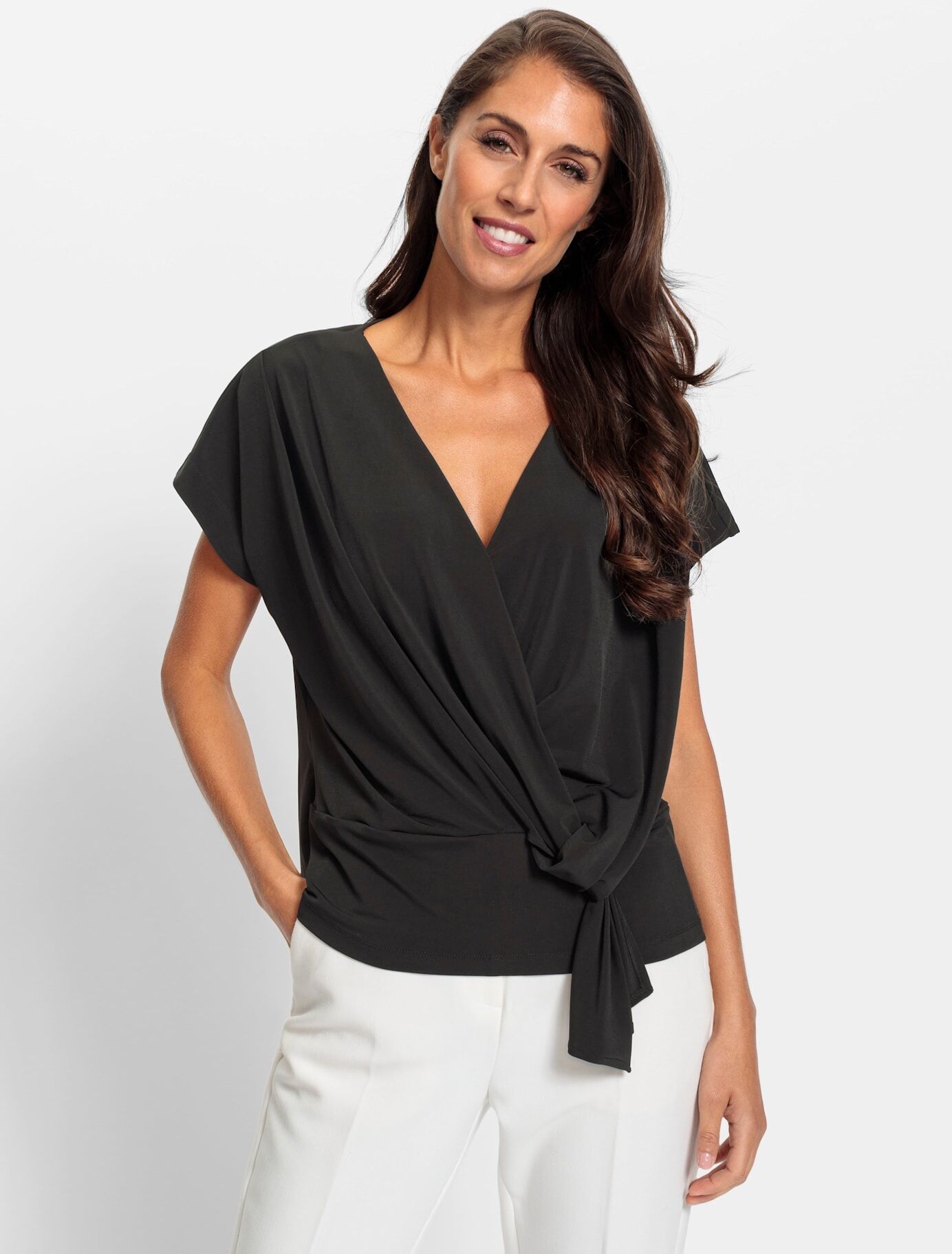 Wickelshirt HEINE "Wickelshirt", Damen, Gr. 46, schwarz, 95% Polyester, 5% Elasthan, unifarben, V-Ausschnitt, Shirts Wickelshirt schwarz 46