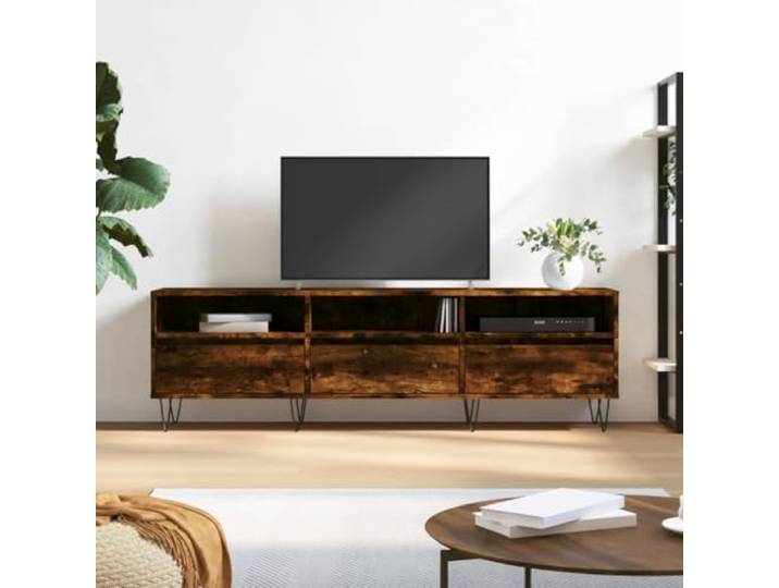HEFZGDB TV-Schrank Räuchereiche 150x30x44,5 cm Holzwerkstoff mit 6 Fächern, Stauraum Möbel, robuste Eisenbeine, stabile Tischplatte für Wohnzimmer