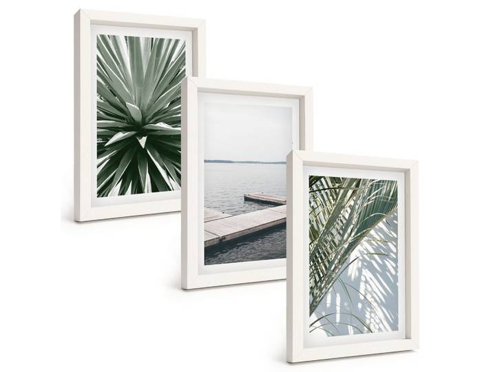BILDER SET 3er Set - 20x30 cm Weißer Rahmen - Palmenblätter-Holzbrücke