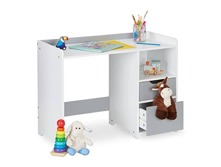 Relaxdays Schreibtisch Kinder, HBT 60 x 80 x 38 cm, 2 Schubladen, weiß/grau offenes Fach, Tischrand, Kinderschreibtisch