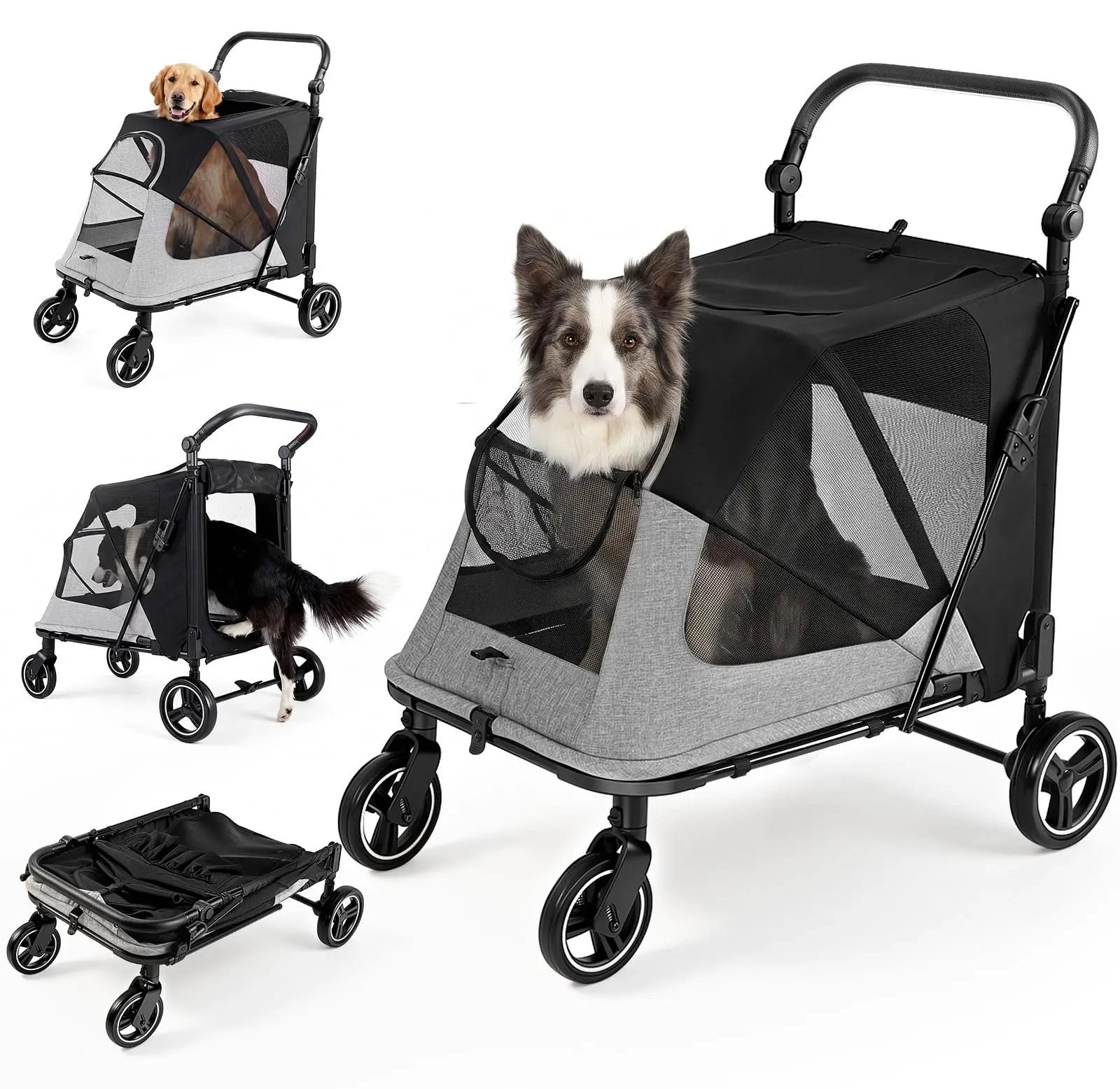 Hundebuggy für mittelgroße und große Hunde - 4-Rad-Modell - Für 2 Hunde bis 30 kg - Faltbar - Geländetauglich - Stoßdämpfung - Schwarz/Grau