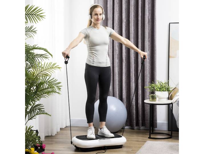 HOMCOM Plaque vibrante avec 99 niveaux, 2 bandes de fitness 73 x 40 x 13 cm Blanc+Noir